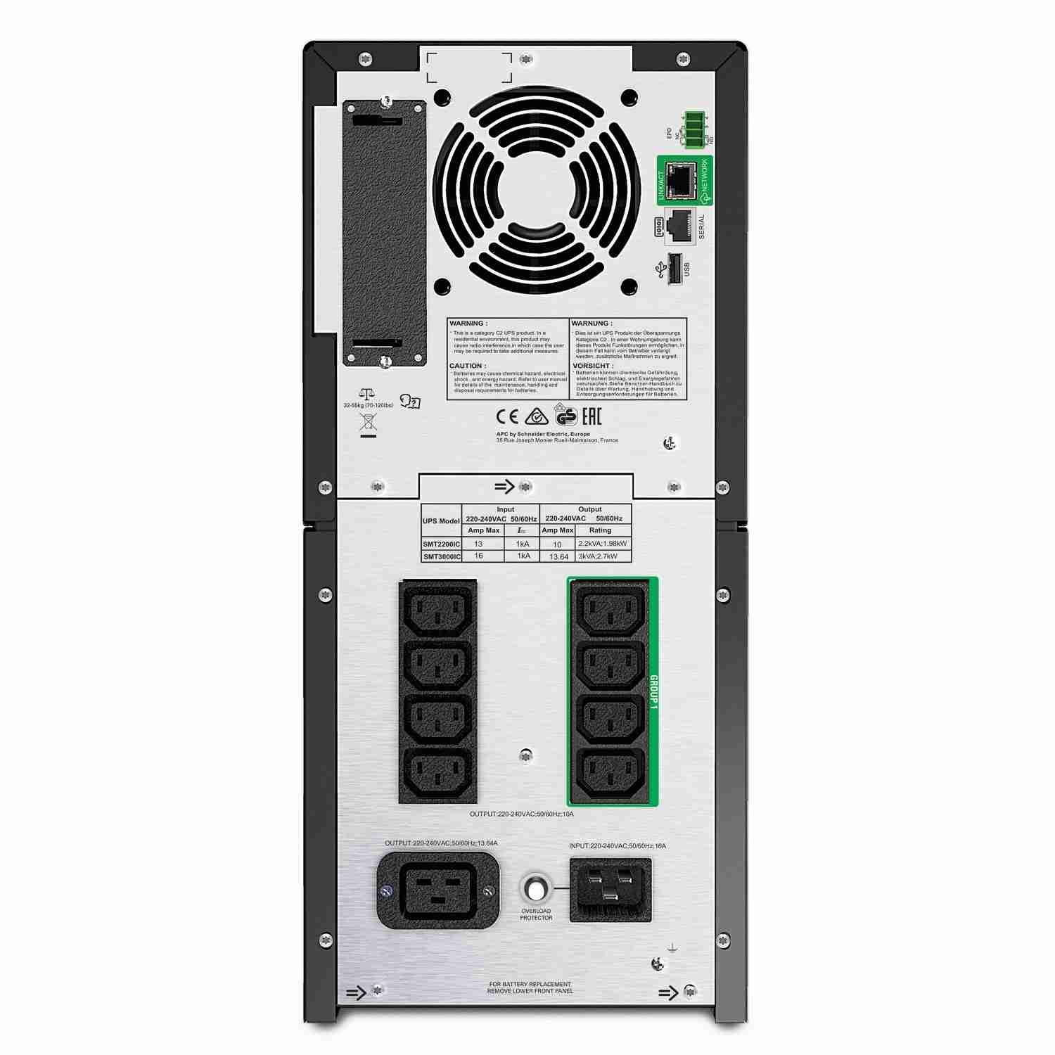 Back panel of APC SMT3000IC showing IEC ports"