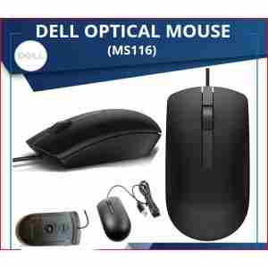 Top view of Dell MS116 USB Optical Mouse Side profile of the Dell wired mouse showing ergonomic shape Dell MS116 connected via USB on a desk setup Close-up of Dell logo on the mouse surface Dell optical mouse with scroll wheel in focus Packaging box of Dell MS116 USB Mouse