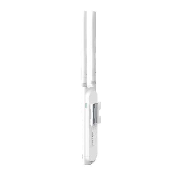 Front view of the sleek white TP-Link N300 outdoor access point showing the passive PoE setup for convenient installation.