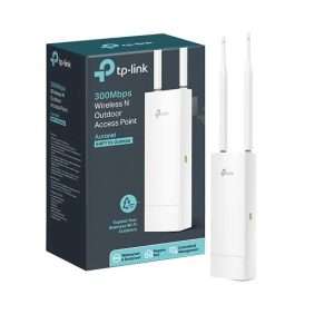 TP-Link N300 wireless N outdoor access point TL-EAP110-Outdoor mounted on a pole for long-range external Wi-Fi coverage.