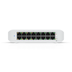 Front view of Ubiquiti UniFi Switch Lite 16 PoE with 16 Gigabit ports