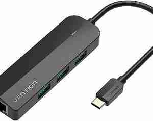 Vention Type-C to 4-Port USB 3.0 Hub with Power Supply Black 0.5M ABS Type