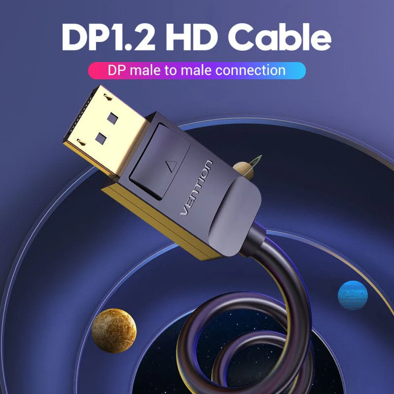 Close-up measurements of Vention DisplayPort male connector showing gold plating and structure