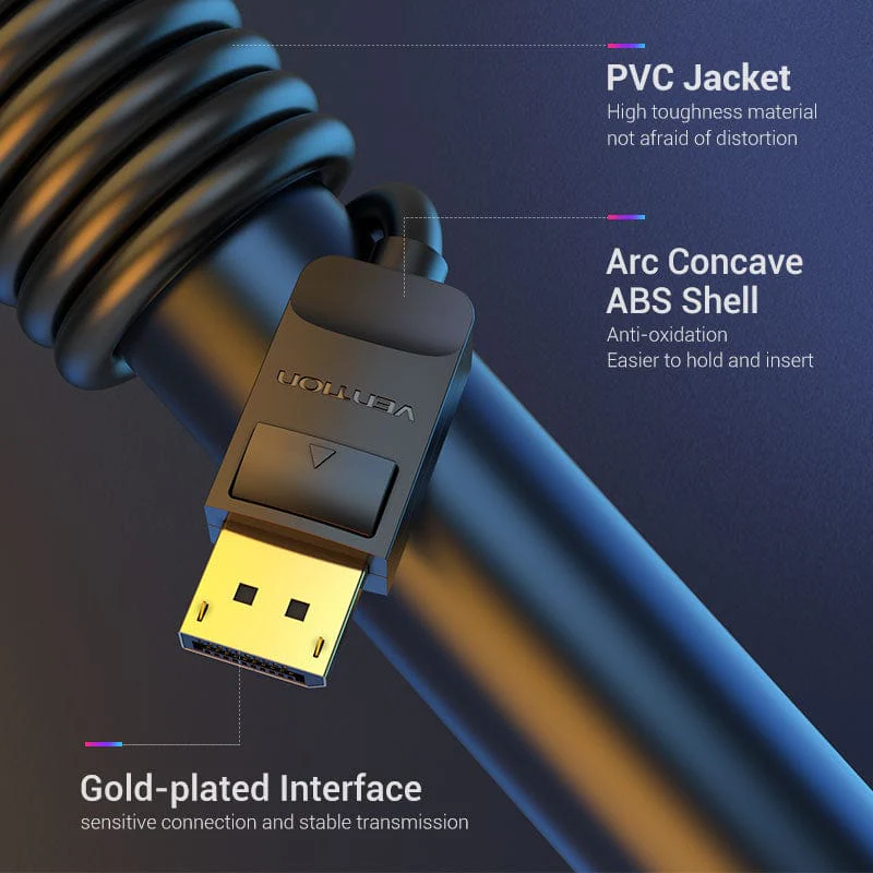 Vention DisplayPort Cable 1.5M Black – VEN HACBG with DP1.2 male connector and gold-plated tip