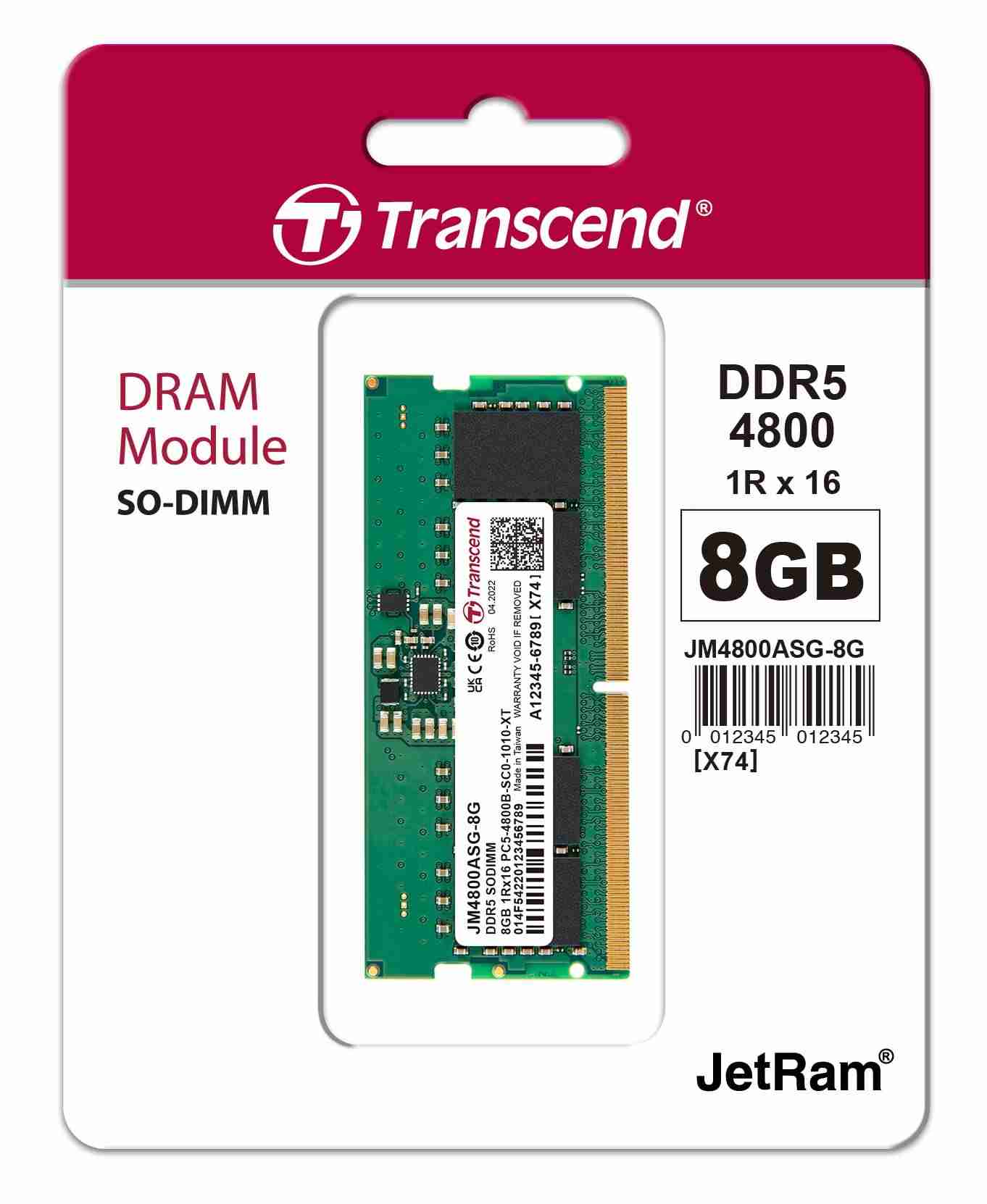 Transcend 8GB JM DDR5 4800 SO-DIMM 1Rx16 1Gx16 CL40 1.1V - JM4800ASG-8G