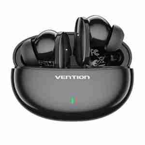VENTION NBFB0 true wireless earbuds in their open USB-C charging case on a white background Close-up of the 10 mm dynamic driver visible through the transparent earbud shell Side view of the earbuds showing ergonomic silicone ear tips and aluminum-ABS housing Earbud connected to a smartphone via Bluetooth 5.3 with dual-device pairing on-screen IPX4 rating icon overlay on earbuds next to a splash of water VENTION earbuds next to charging case and USB-C cable on a wooden desk