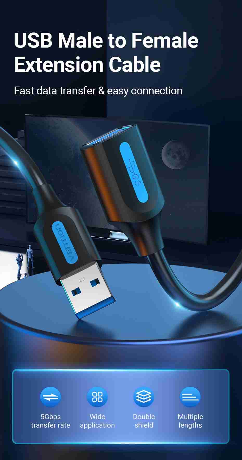 Vention CBHBI USB 3.0 extension cable showing male Type-A connector plugged into a laptop Close-up of gold-plated USB-A male and female connectors on the Vention cable Coiled 3 m black USB 3.0 extension cable with dual ferrite cores visible under PVC jacket Vention extension cable connecting an external hard drive to a desktop PC Side view of USB 3.0 cable highlighting sturdy PVC outer jacket and braided shielding Vention CBHBI cable laid out straight on a desk with a keyboard and mouse attached