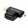 Vention ACPBB adapter with Micro-HDMI male and HDMI female connectors on white background Close-up of the gold-plated Micro-HDMI plug engaging a camera’s port Side view showing the sleek black PVC body and HDMI female port of the adapter Adapter plugged into a tablet’s Micro-HDMI port with an HDMI cable connected to a TV Angle shot highlighting the PVC jacket and molded strain relief on the Vention adapter Vention Micro-HDMI to HDMI adapter alongside other travel tech accessories