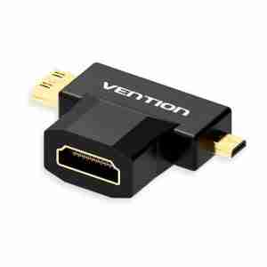 Vention ACPBB adapter with Micro-HDMI male and HDMI female connectors on white background Close-up of the gold-plated Micro-HDMI plug engaging a camera’s port Side view showing the sleek black PVC body and HDMI female port of the adapter Adapter plugged into a tablet’s Micro-HDMI port with an HDMI cable connected to a TV Angle shot highlighting the PVC jacket and molded strain relief on the Vention adapter Vention Micro-HDMI to HDMI adapter alongside other travel tech accessories