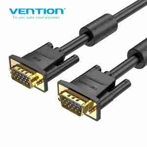 Vention DAEBG 1.5 m VGA cable with gold-plated male connectors on a white background Close-up of the VGA connector showing Vention branding and ferrite core housing Side view of the cable’s PVC jacket and aluminum shielding layer cutaway VGA cable plugged between a laptop and an external monitor delivering 1080p video Dual ferrite cores wrapped around the VGA cable near each connector end Vention VGA cable coiled neatly next to a projector and laptop setup