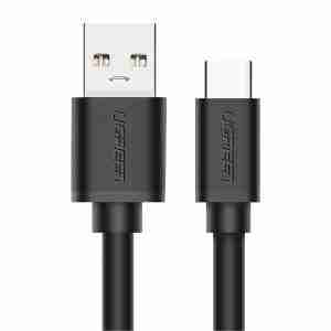 UGREEN US287 USB 3.0 to USB-C cable coiled with connectors visible Close-up of nickel-plated USB Type-A and Type-C connectors UGREEN 2m USB-C cable plugged into a laptop and smartphone Black UGREEN US287 cable laid out on a desk with accessories Durable UGREEN cable showing bend resistance and build quality Packaging of UGREEN US287 USB-C cable with branding visible