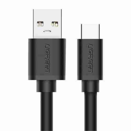UGREEN US287 USB 3.0 to USB-C cable coiled with connectors visible Close-up of nickel-plated USB Type-A and Type-C connectors UGREEN 2m USB-C cable plugged into a laptop and smartphone Black UGREEN US287 cable laid out on a desk with accessories Durable UGREEN cable showing bend resistance and build quality Packaging of UGREEN US287 USB-C cable with branding visible