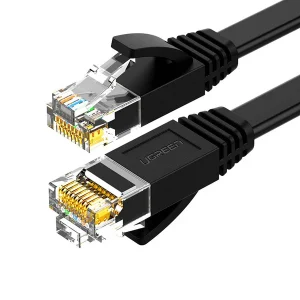 "UGREEN 15m black Cat6 Ethernet cable coiled neatly" "Close-up of RJ45 connector on UGREEN Cat6 Ethernet cable" "UGREEN Ethernet cable connected to router and laptop" "Gaming setup using UGREEN Cat6 15-meter LAN cable" "UGREEN Cat6 cable packaging showing specifications" "Side-by-side view of UGREEN cable plugged into modem and PC"