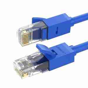 UGREEN Cat6 2m Ethernet cable coiled on white background Close-up of RJ45 connectors on UGREEN Cat6 black cable UGREEN NW102 2-meter LAN cable plugged into router Side view of UGREEN Cat6 UTP cable showing thickness and build UGREEN 2m Ethernet cable in packaging Ethernet cable connected between a laptop and modem