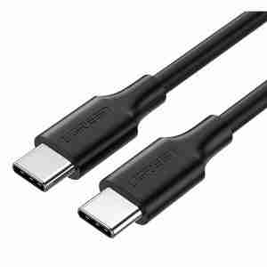 Ugreen US286 2-meter USB-C to USB-C cable coiled neatly on white background Close-up of USB-C connectors of the Ugreen US286 cable Ugreen USB-C cable in use charging a MacBook on a desk 2m Ugreen USB-C cable laid out beside smartphone and laptop Durable black TPE-coated Ugreen cable showing flexibility and strength Ugreen packaging for the US286 USB-C cable with product partially visible