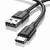 UGREEN US287 USB 3.0 to USB-C cable coiled with connectors visible Close-up of nickel-plated USB Type-A and Type-C connectors UGREEN 2m USB-C cable plugged into a laptop and smartphone Black UGREEN US287 cable laid out on a desk with accessories Durable UGREEN cable showing bend resistance and build quality Packaging of UGREEN US287 USB-C cable with branding visible