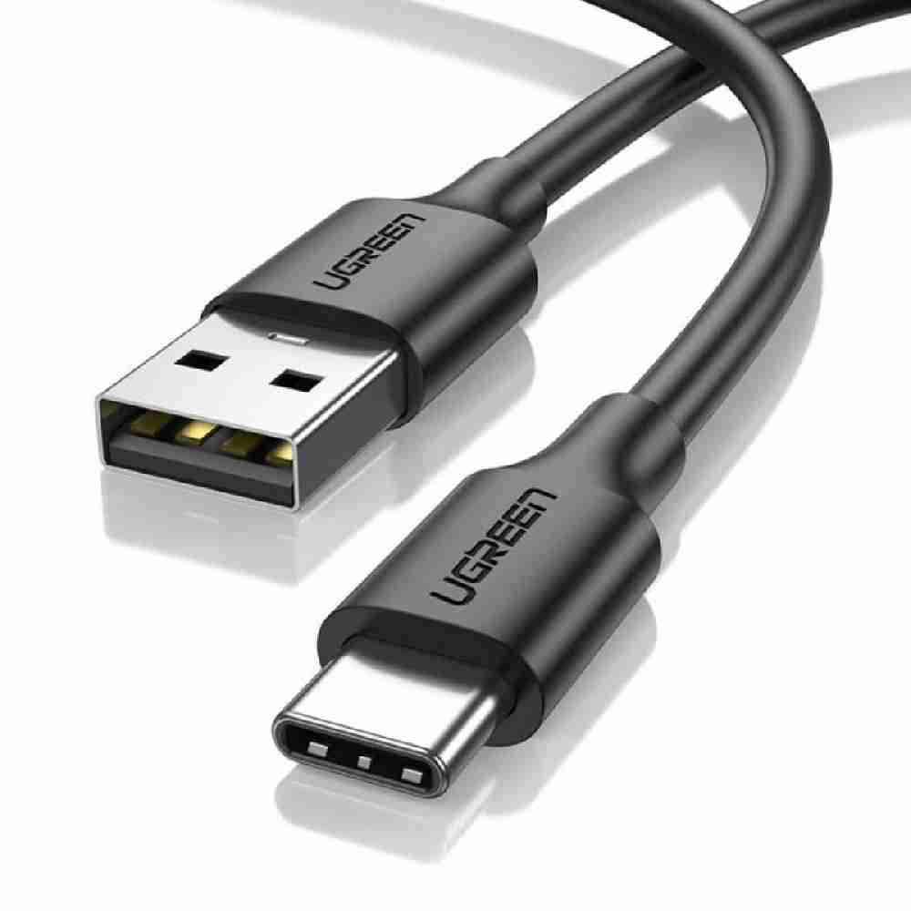 UGREEN US287 USB 3.0 to USB-C cable coiled with connectors visible Close-up of nickel-plated USB Type-A and Type-C connectors UGREEN 2m USB-C cable plugged into a laptop and smartphone Black UGREEN US287 cable laid out on a desk with accessories Durable UGREEN cable showing bend resistance and build quality Packaging of UGREEN US287 USB-C cable with branding visible