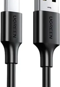 UGREEN US287 USB 3.0 to USB-C cable coiled with connectors visible Close-up of nickel-plated USB Type-A and Type-C connectors UGREEN 2m USB-C cable plugged into a laptop and smartphone Black UGREEN US287 cable laid out on a desk with accessories Durable UGREEN cable showing bend resistance and build quality Packaging of UGREEN US287 USB-C cable with branding visible