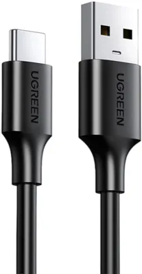 UGREEN US287 USB 3.0 to USB-C cable coiled with connectors visible Close-up of nickel-plated USB Type-A and Type-C connectors UGREEN 2m USB-C cable plugged into a laptop and smartphone Black UGREEN US287 cable laid out on a desk with accessories Durable UGREEN cable showing bend resistance and build quality Packaging of UGREEN US287 USB-C cable with branding visible