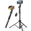 "Ugreen LP680 selfie stick tripod with phone attached and Bluetooth remote" "Folded Ugreen LP680 tripod in compact travel-friendly form" "Close-up of detachable Bluetooth remote on Ugreen selfie stick" "Ugreen LP680 used as tripod stand for smartphone" "Adjustable selfie stick extended with anti-slip grip handle" "Portable black Ugreen selfie stick tripod on white background"