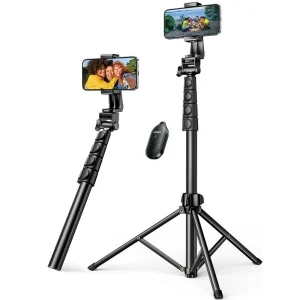 "Ugreen LP680 selfie stick tripod with phone attached and Bluetooth remote" "Folded Ugreen LP680 tripod in compact travel-friendly form" "Close-up of detachable Bluetooth remote on Ugreen selfie stick" "Ugreen LP680 used as tripod stand for smartphone" "Adjustable selfie stick extended with anti-slip grip handle" "Portable black Ugreen selfie stick tripod on white background"