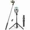 "Ugreen LP586 selfie stick tripod extended with phone mounted" "Folded Ugreen LP586 selfie stick showing compact travel size" "Detachable Bluetooth remote control from Ugreen LP586 tripod" "Close-up view of anti-slip tripod legs on Ugreen LP586" "Smartphone in vertical position on Ugreen LP586 phone holder" "User taking group selfie using Ugreen LP586 tripod with remote"