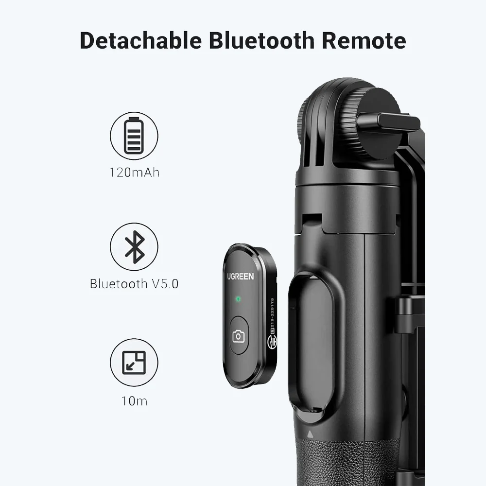 "Ugreen LP586 selfie stick tripod extended with phone mounted" "Folded Ugreen LP586 selfie stick showing compact travel size" "Detachable Bluetooth remote control from Ugreen LP586 tripod" "Close-up view of anti-slip tripod legs on Ugreen LP586" "Smartphone in vertical position on Ugreen LP586 phone holder" "User taking group selfie using Ugreen LP586 tripod with remote"