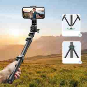 "Ugreen LP680 selfie stick tripod with phone attached and Bluetooth remote" "Folded Ugreen LP680 tripod in compact travel-friendly form" "Close-up of detachable Bluetooth remote on Ugreen selfie stick" "Ugreen LP680 used as tripod stand for smartphone" "Adjustable selfie stick extended with anti-slip grip handle" "Portable black Ugreen selfie stick tripod on white background"