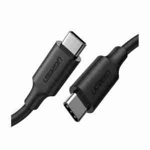 Ugreen US286 2-meter USB-C to USB-C cable coiled neatly on white background Close-up of USB-C connectors of the Ugreen US286 cable Ugreen USB-C cable in use charging a MacBook on a desk 2m Ugreen USB-C cable laid out beside smartphone and laptop Durable black TPE-coated Ugreen cable showing flexibility and strength Ugreen packaging for the US286 USB-C cable with product partially visible