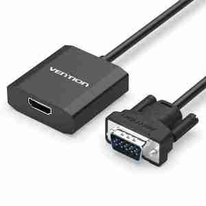 Vention VGA to HDMI Converter with VGA, HDMI, audio, and micro USB ports visible Close-up of VEN-ACEB0 VGA input and HDMI output ends Vention converter connected between a laptop and an HDMI TV Compact design of Vention VGA to HDMI adapter shown on white background Side view of the adapter showing the 3.5mm audio and micro USB ports Vention VGA to HDMI Converter in use during a presentation setup