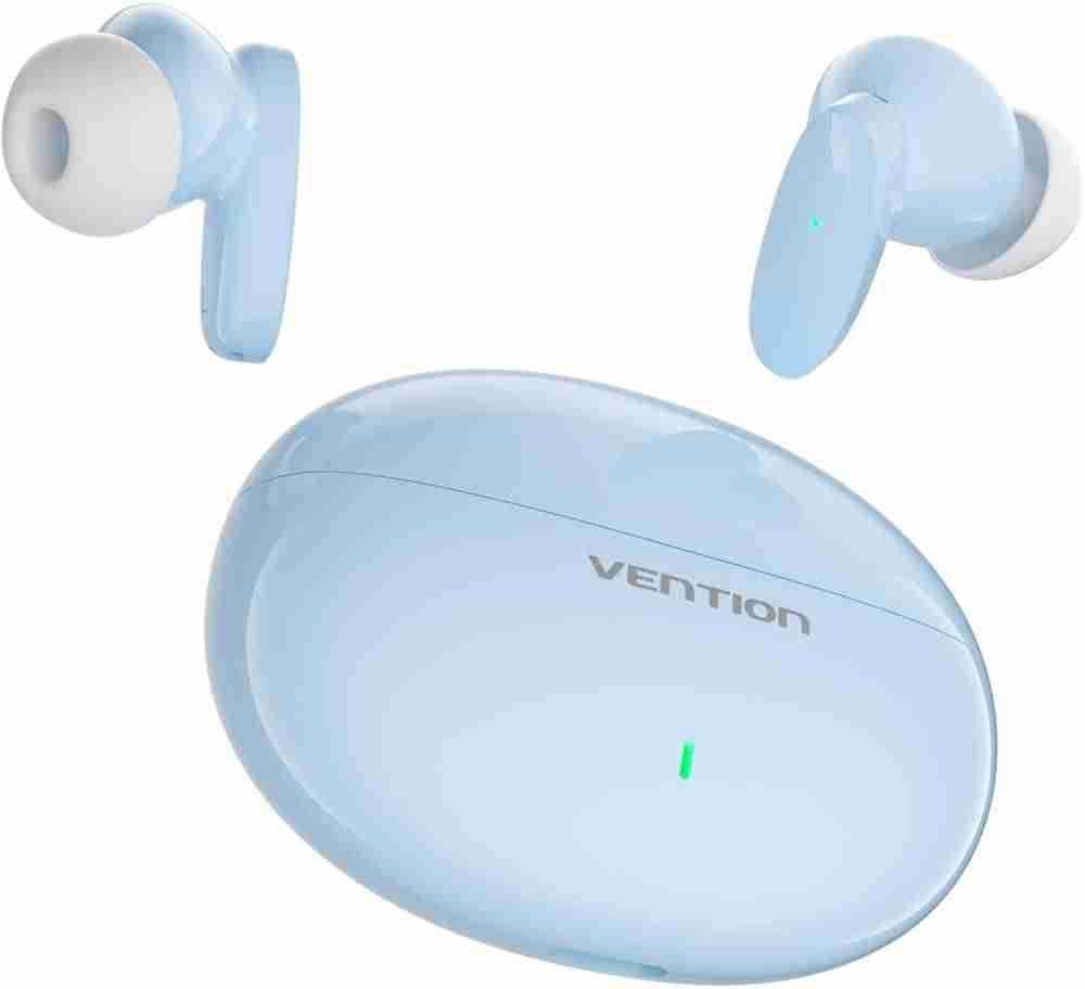 VENTION HiFun NBFS0 blue earbuds nestled in their ABS charging case on a desk Close-up of the VENTION HiFun earbud showing ergonomic silicone tip and aluminum-ABS shell Side view of charging case with USB-C cable plugged in and LED charging indicator lit VENTION HiFun earbuds next to a smartphone screen displaying Bluetooth 5.3 connected status Earbud ejected from case hovering over a splash of water illustrating IPX4 rating Blue VENTION HiFun earbuds alongside user manual and USB-C cable on white background
