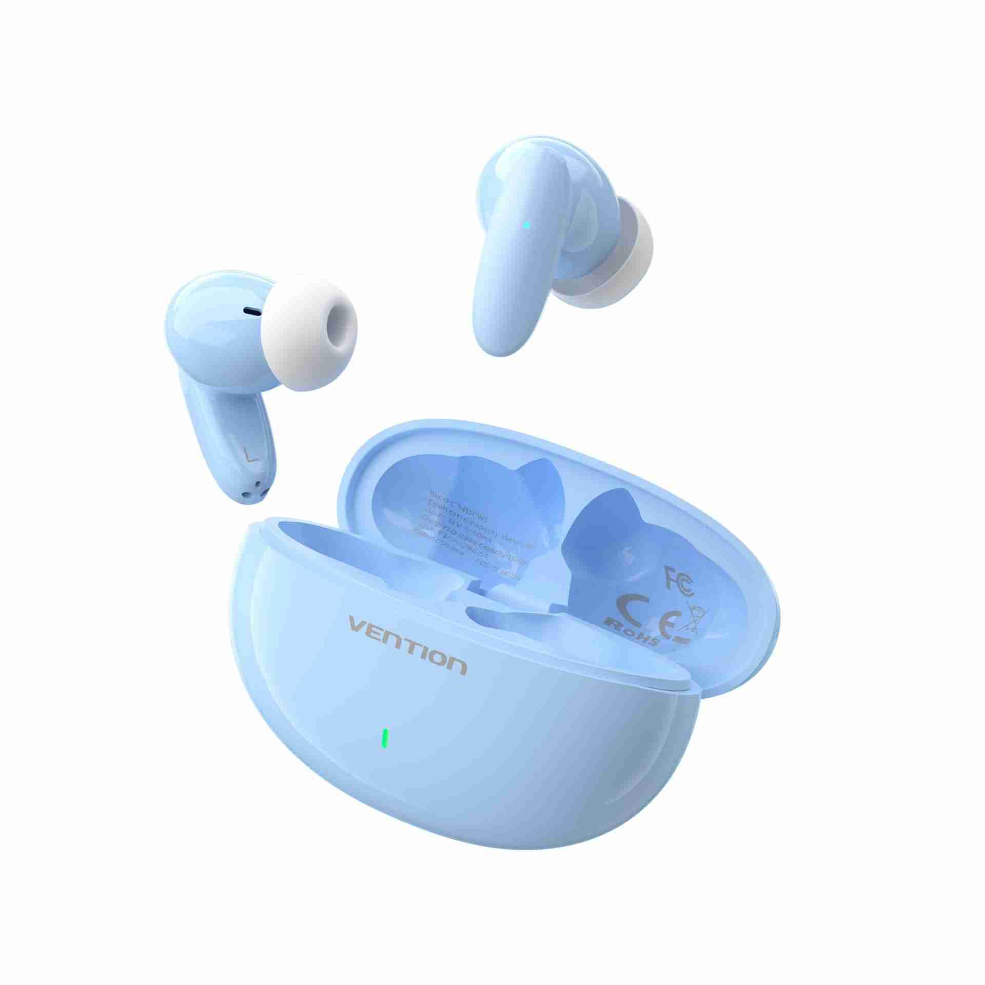 VENTION HiFun NBFS0 blue earbuds nestled in their ABS charging case on a desk Close-up of the VENTION HiFun earbud showing ergonomic silicone tip and aluminum-ABS shell Side view of charging case with USB-C cable plugged in and LED charging indicator lit VENTION HiFun earbuds next to a smartphone screen displaying Bluetooth 5.3 connected status Earbud ejected from case hovering over a splash of water illustrating IPX4 rating Blue VENTION HiFun earbuds alongside user manual and USB-C cable on white background