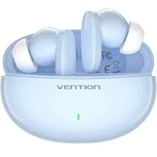 VENTION HiFun NBFS0 blue earbuds nestled in their ABS charging case on a desk Close-up of the VENTION HiFun earbud showing ergonomic silicone tip and aluminum-ABS shell Side view of charging case with USB-C cable plugged in and LED charging indicator lit VENTION HiFun earbuds next to a smartphone screen displaying Bluetooth 5.3 connected status Earbud ejected from case hovering over a splash of water illustrating IPX4 rating Blue VENTION HiFun earbuds alongside user manual and USB-C cable on white background