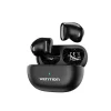 VENTION NBFB0 true wireless earbuds in their open USB-C charging case on a white background Close-up of the 10 mm dynamic driver visible through the transparent earbud shell Side view of the earbuds showing ergonomic silicone ear tips and aluminum-ABS housing Earbud connected to a smartphone via Bluetooth 5.3 with dual-device pairing on-screen IPX4 rating icon overlay on earbuds next to a splash of water VENTION earbuds next to charging case and USB-C cable on a wooden desk