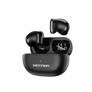 VENTION NBFB0 true wireless earbuds in their open USB-C charging case on a white background Close-up of the 10 mm dynamic driver visible through the transparent earbud shell Side view of the earbuds showing ergonomic silicone ear tips and aluminum-ABS housing Earbud connected to a smartphone via Bluetooth 5.3 with dual-device pairing on-screen IPX4 rating icon overlay on earbuds next to a splash of water VENTION earbuds next to charging case and USB-C cable on a wooden desk