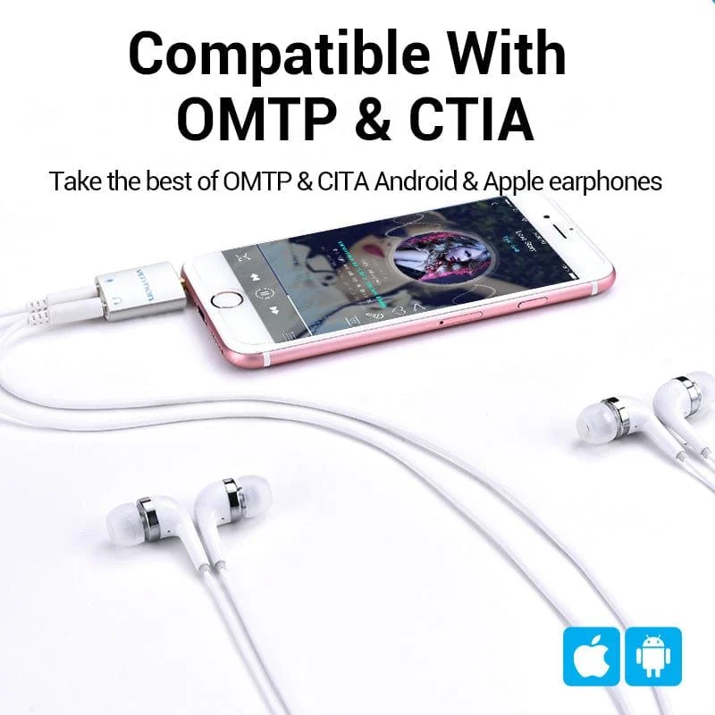Vention 3.5mm male to dual female audio splitter close-up view" "Vention VEN-BDAW0 headphone adapter connected to a smartphone" "Dual headphone jack splitter by Vention on a white background" "Compact 3.5mm audio splitter for shared headphone use" "Vention audio converter for mobile, laptop, and tablet use" "Black 4-pole 3.5mm splitter with durable ABS build"