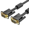 Vention 5m VGA male-to-male cable coiled with visible gold-plated connectors Close-up of 24K gold-plated VGA connectors with ferrite cores Vention VEN-DAEBJ cable connected between a desktop and a monitor Retail packaging of Vention 5-meter VGA cable showing specifications Side angle of Vention VGA cable highlighting durable PVC outer jacket Vention VGA cable used in an office setup with a projector