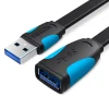 Vention CBHBG USB 3.0 extension cable with male and female Type-A connectors on a white background Close-up of the gold-plated USB 3.0 Type-A male plug and PVC-jacketed cable Female USB-A port of the Vention extension cable connected to an external hard drive Full 1.5 m length of the Vention CBHBG cable coiled neatly on a desk next to a laptop Dual ferrite cores visible under the PVC jacket near the male connector end Vention cable in use, extending a keyboard’s USB connection to a desktop PC