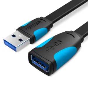 Vention CBHBG USB 3.0 extension cable with male and female Type-A connectors on a white background Close-up of the gold-plated USB 3.0 Type-A male plug and PVC-jacketed cable Female USB-A port of the Vention extension cable connected to an external hard drive Full 1.5 m length of the Vention CBHBG cable coiled neatly on a desk next to a laptop Dual ferrite cores visible under the PVC jacket near the male connector end Vention cable in use, extending a keyboard’s USB connection to a desktop PC