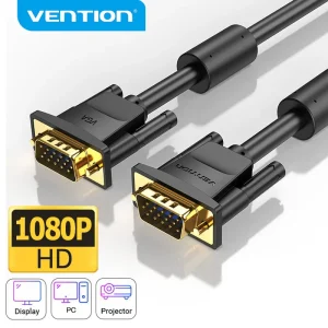 Vention DAEBG 1.5 m VGA cable with gold-plated male connectors on a white background Close-up of the VGA connector showing Vention branding and ferrite core housing Side view of the cable’s PVC jacket and aluminum shielding layer cutaway VGA cable plugged between a laptop and an external monitor delivering 1080p video Dual ferrite cores wrapped around the VGA cable near each connector end Vention VGA cable coiled neatly next to a projector and laptop setup