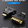 Vention ECCB0 black adapter showing HDMI male to DVI-I female converter Close-up of gold-plated HDMI connector on the Vention ECCB0 adapter Side view of the ECCB0 PVC housing with molded “HDMI→DVI” label Vention ECCB0 adapter plugged into a laptop’s HDMI port connecting to a DVI monitor Adapter in use between a gaming console HDMI output and a DVI projector display Vention ECCB0 bi-directional adapter next to HDMI and DVI cables on a desk