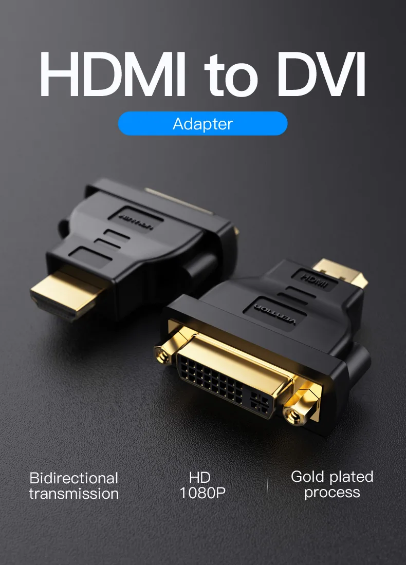 Vention ECCB0 black adapter showing HDMI male to DVI-I female converter Close-up of gold-plated HDMI connector on the Vention ECCB0 adapter Side view of the ECCB0 PVC housing with molded “HDMI→DVI” label Vention ECCB0 adapter plugged into a laptop’s HDMI port connecting to a DVI monitor Adapter in use between a gaming console HDMI output and a DVI projector display Vention ECCB0 bi-directional adapter next to HDMI and DVI cables on a desk