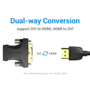 Vention ECCB0 black adapter showing HDMI male to DVI-I female converter Close-up of gold-plated HDMI connector on the Vention ECCB0 adapter Side view of the ECCB0 PVC housing with molded “HDMI→DVI” label Vention ECCB0 adapter plugged into a laptop’s HDMI port connecting to a DVI monitor Adapter in use between a gaming console HDMI output and a DVI projector display Vention ECCB0 bi-directional adapter next to HDMI and DVI cables on a desk