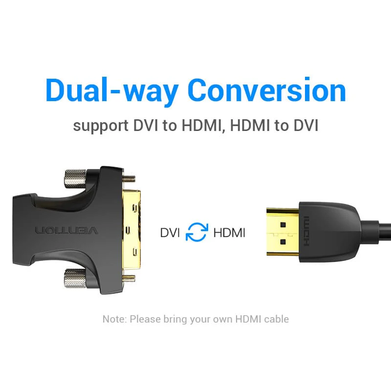 Vention ECCB0 black adapter showing HDMI male to DVI-I female converter Close-up of gold-plated HDMI connector on the Vention ECCB0 adapter Side view of the ECCB0 PVC housing with molded “HDMI→DVI” label Vention ECCB0 adapter plugged into a laptop’s HDMI port connecting to a DVI monitor Adapter in use between a gaming console HDMI output and a DVI projector display Vention ECCB0 bi-directional adapter next to HDMI and DVI cables on a desk