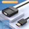 Vention ACPBB HDMI-to-VGA adapter showing HDMI male connector and VGA female port Close-up of gold-plated HDMI plug on the Vention ACPBB adapter Side view of the black molded cable and VGA port on the Vention converter Vention ACPBB adapter plugged into a laptop HDMI port with a VGA cable attached Compact converter laying next to a VGA monitor and HDMI source device Vention HDMI-to-VGA adapter beside a projector and media player setup