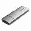 Vention KPGH0 gray aluminum M.2 SSD enclosure next to a USB-C cable Close-up of the enclosure’s USB-C 3.1 Gen 2 port and gray anodized finish Tool-free interior shot showing an M.2 NVMe SSD installed inside the enclosure Side profile view of the Vention SSD enclosure highlighting its slim design Enclosure connected to a laptop via USB-C cable with a large file transfer in progress Vention M.2 SATA/NVMe enclosure alongside a 2 TB M.2 drive