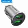 Vention VEN-QC67-UK-B gray car charger with two USB-A ports inserted into a vehicle socket Close-up of the charger’s aluminum-alloy body and gold-plated USB connector Side view showing the compact mini-style design and PVC jacket cable Detail of USB-A port labels “5V⎓5A / 9V⎓3A / 12V⎓2.5A” on the charger body Vention car charger plugged into a car dashboard charging a smartphone via USB-C Top-down shot of the dual-port charger removed from the socket, highlighting its slim profile