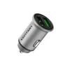 Vention VEN-QC67-UK-B gray car charger with two USB-A ports inserted into a vehicle socket Close-up of the charger’s aluminum-alloy body and gold-plated USB connector Side view showing the compact mini-style design and PVC jacket cable Detail of USB-A port labels “5V⎓5A / 9V⎓3A / 12V⎓2.5A” on the charger body Vention car charger plugged into a car dashboard charging a smartphone via USB-C Top-down shot of the dual-port charger removed from the socket, highlighting its slim profile