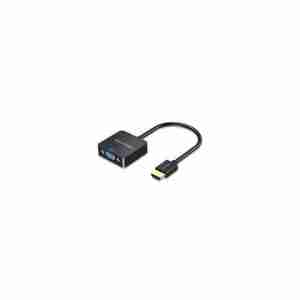 Vention ACPBB HDMI-to-VGA adapter showing HDMI male connector and VGA female port Close-up of gold-plated HDMI plug on the Vention ACPBB adapter Side view of the black molded cable and VGA port on the Vention converter Vention ACPBB adapter plugged into a laptop HDMI port with a VGA cable attached Compact converter laying next to a VGA monitor and HDMI source device Vention HDMI-to-VGA adapter beside a projector and media player setup