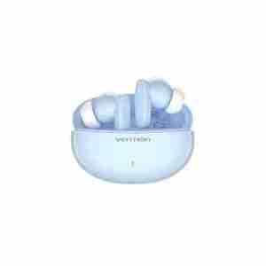 VENTION HiFun NBFS0 blue earbuds nestled in their ABS charging case on a desk Close-up of the VENTION HiFun earbud showing ergonomic silicone tip and aluminum-ABS shell Side view of charging case with USB-C cable plugged in and LED charging indicator lit VENTION HiFun earbuds next to a smartphone screen displaying Bluetooth 5.3 connected status Earbud ejected from case hovering over a splash of water illustrating IPX4 rating Blue VENTION HiFun earbuds alongside user manual and USB-C cable on white background